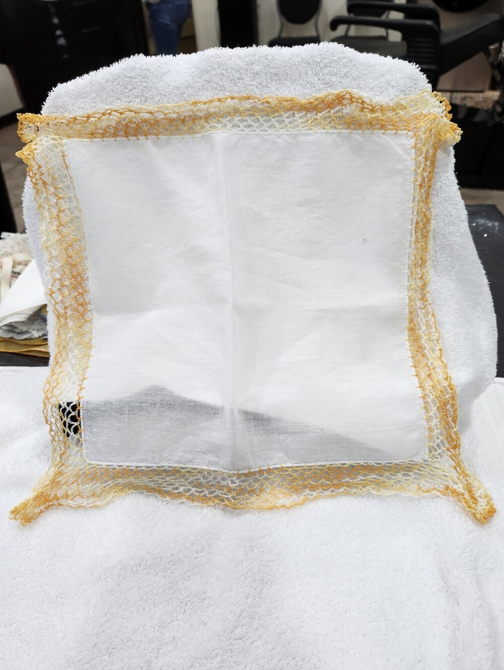 Vintage White Linen Handkerchief with Handmade Crocheted Lace Border